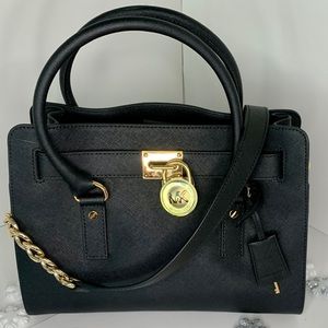 MICHAEL KORS LARGE LEATHER HAMILTON PURSE BAG TOTE SATCHEL GOLD HARDWARE NEW